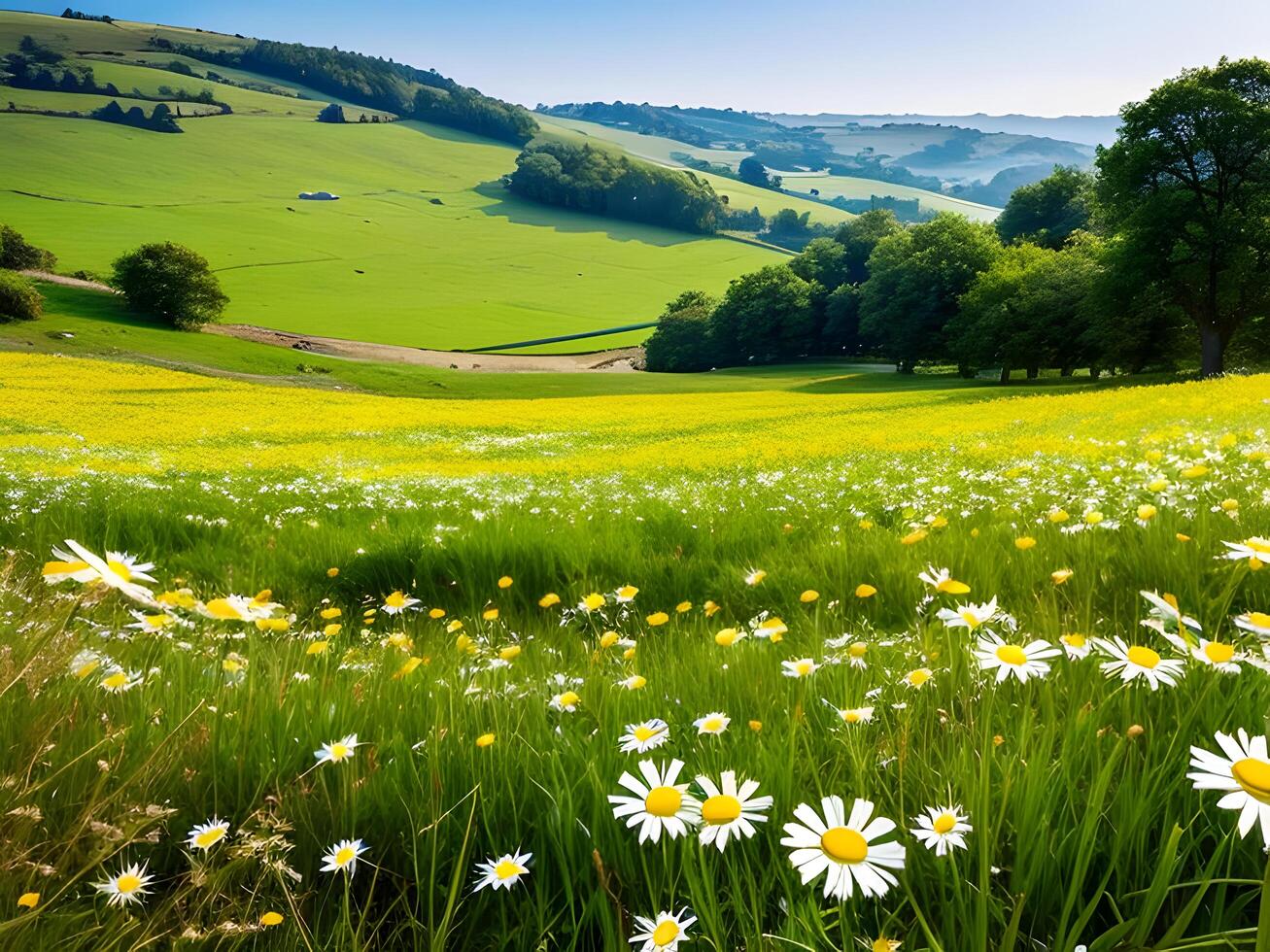 View of nature landscape with flowers field photo