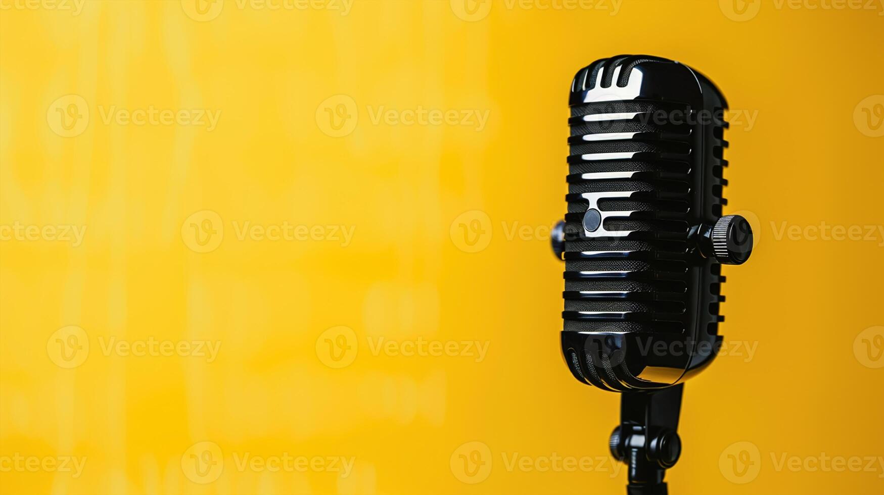 Microphone with waveform on yellow background, broadcasting or podcasting banner photo