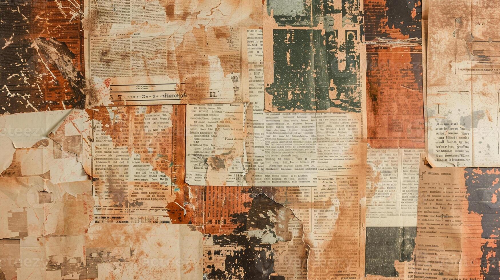 Newspaper paper grunge aged paper pieces, background. Vintage newspapers texture, Paper Collage photo