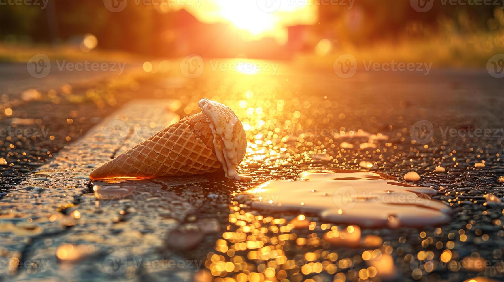 Heat stroke - Melted ice cream on the road. Ice cream melts on the asphalt. Hot summer concept photo