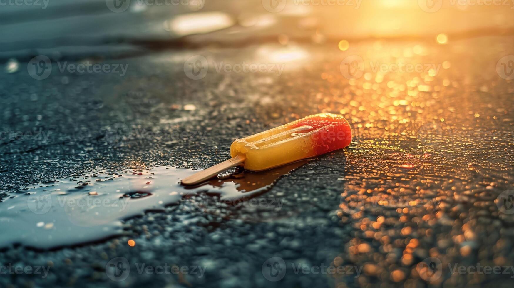 Heat stroke - Melted popsicle on the road. Ice cream melts on the asphalt. Heat stroke concept. Hot summer photo