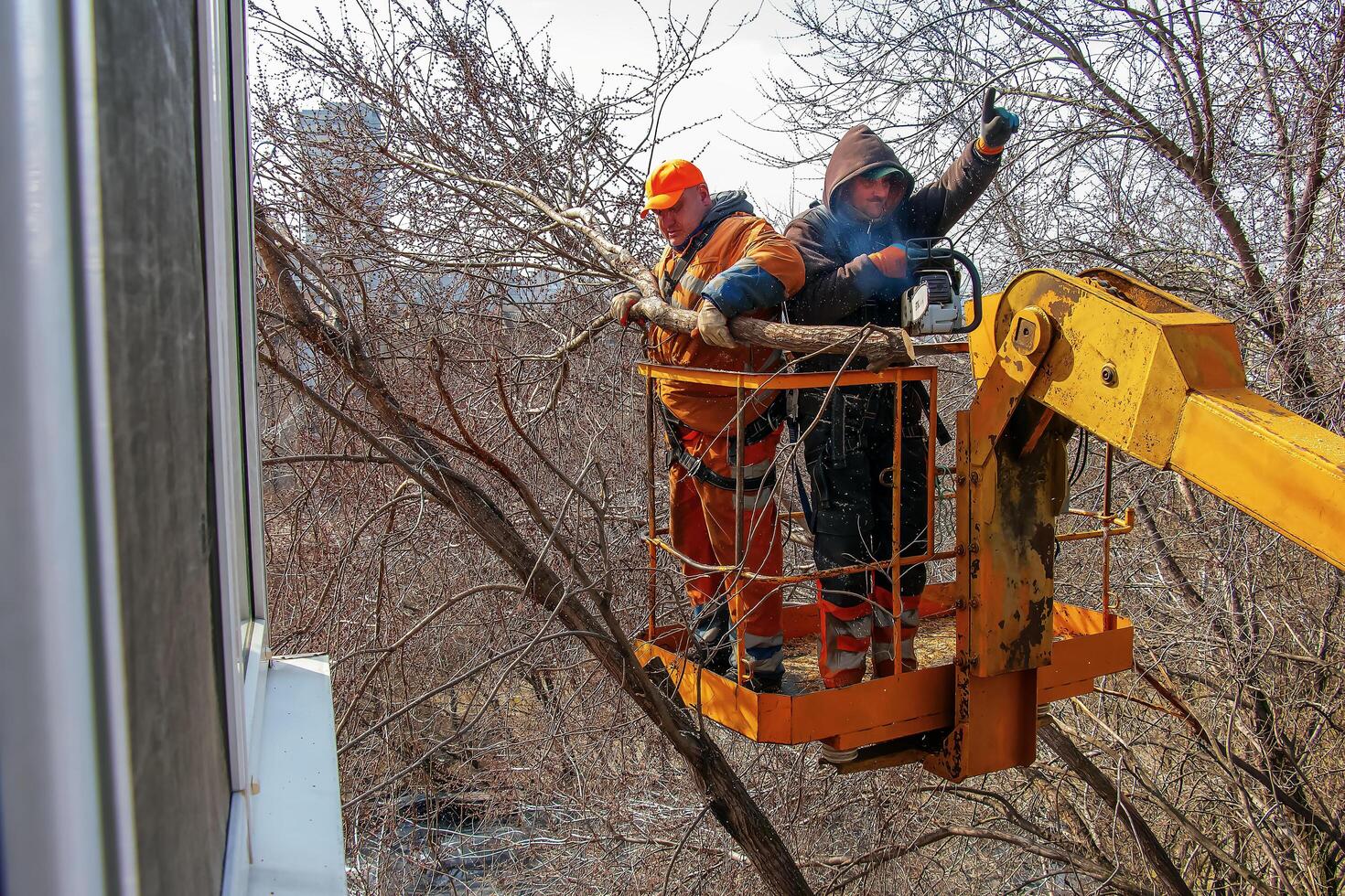 Dnepr, Ukraine - 03.20.2024 Municipal service workers stand with a chainsaw in a crane basket and trim dangerous trees photo