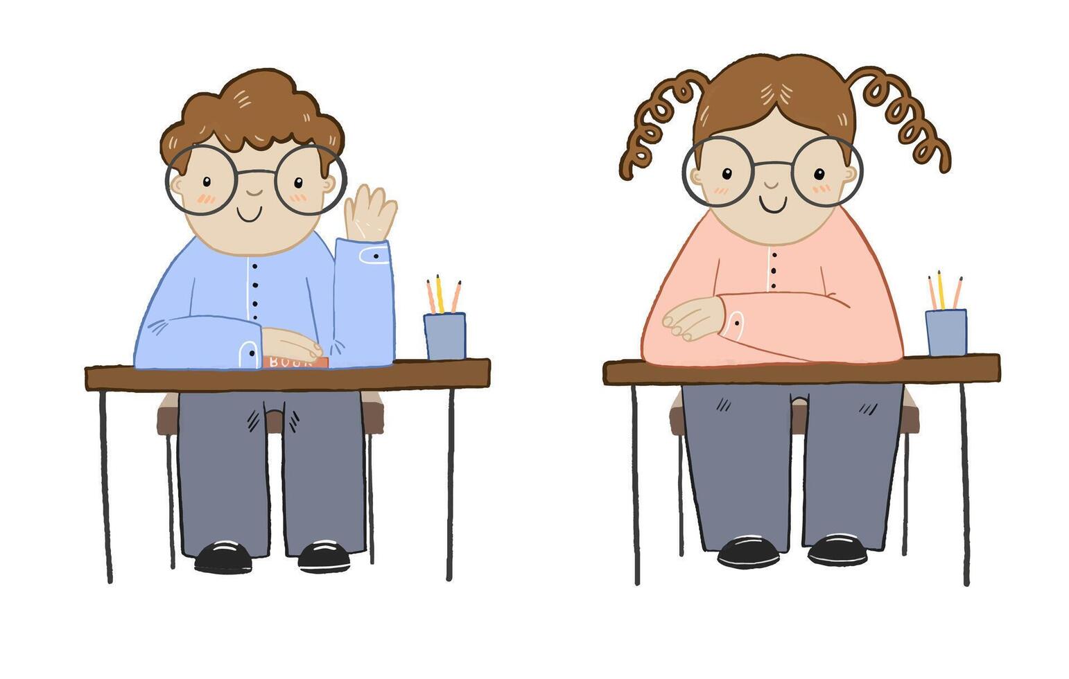 A schoolgirl and schoolboy sit at a desk and studies. A student vector