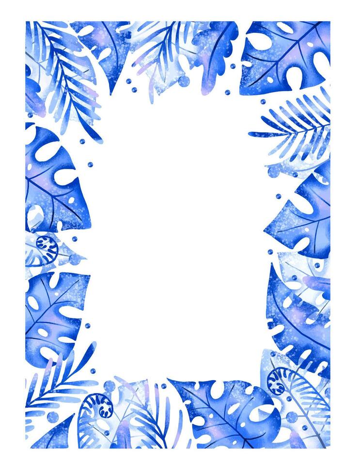 border frame with blue jungle leaves with palm leaves, vector