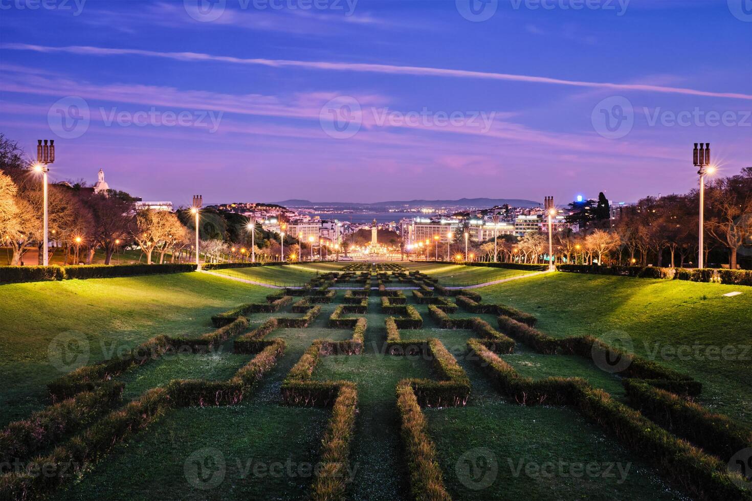 View of Lisbon Marquis of Pombal Square seen from the Eduardo VII Park in night, Portugal photo