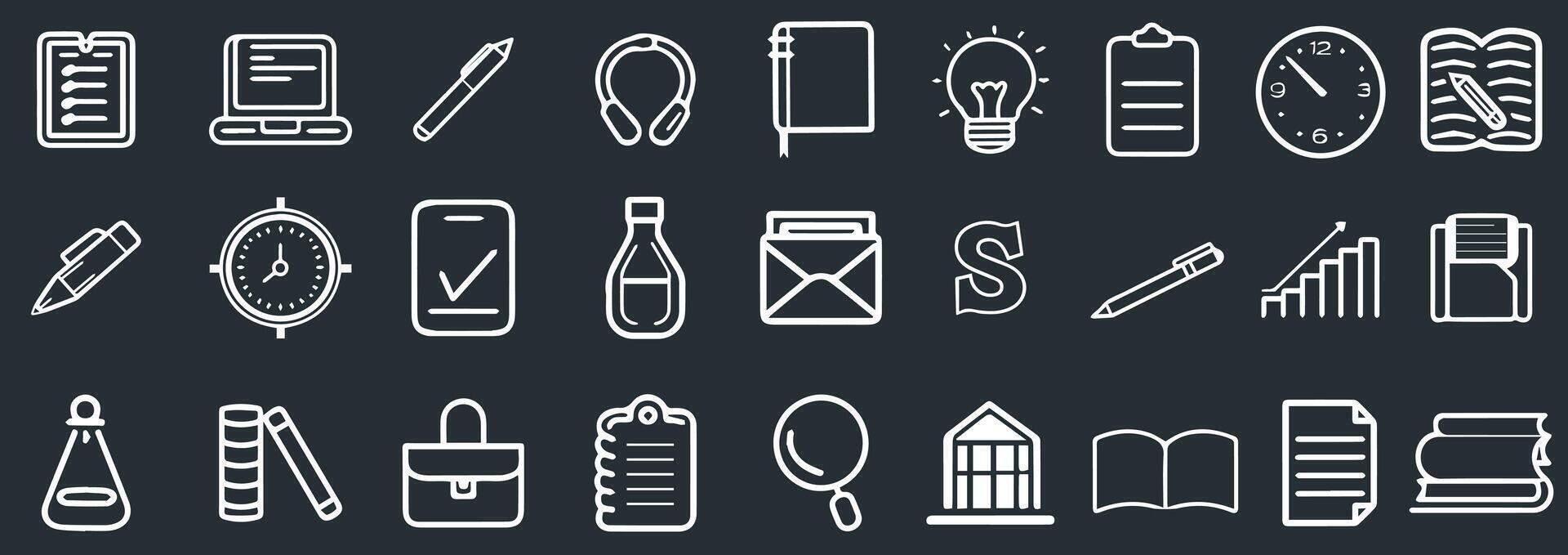 Back to school and Education Icons set on Dark Background. Illustration Featuring Classroom Supplies, Learning Tools. vector