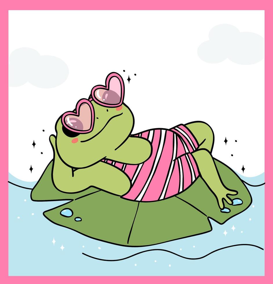 Groovy Retro Summer Frog relax on lotus leaf cartoon character Summer Beach vibe drawing doodle vector