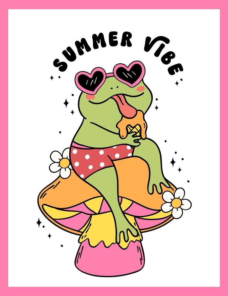 Groovy Retro Summer Frog with ice cream and mushroom cartoon character Summer vibe drawing doodle vector