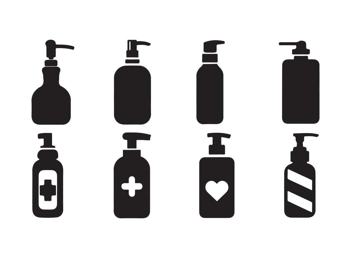Set shampoo and hand sanitizer bottle silhouette icon. vector