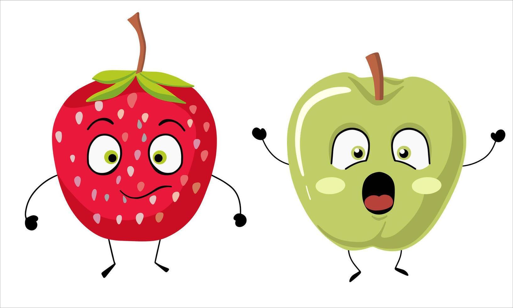 Cute and funny strawberry and apple. collection of cute fruits. Funny fruit characters. vector