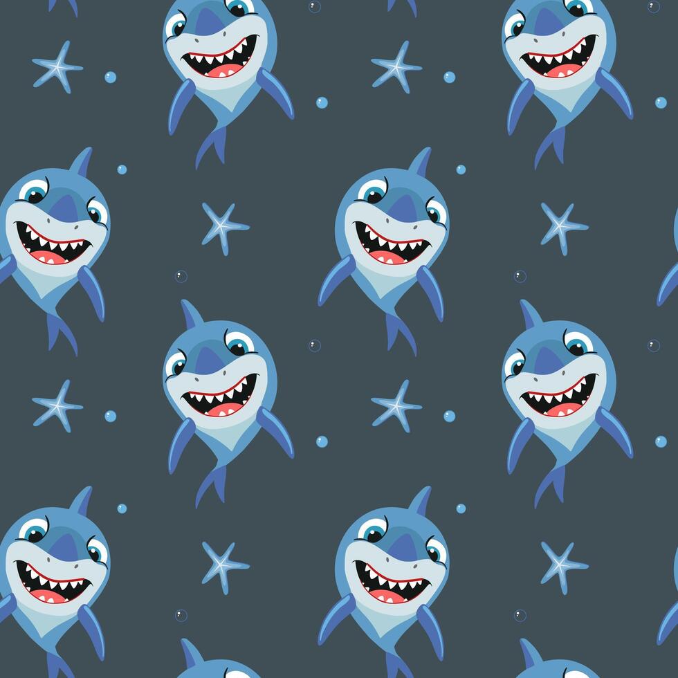 Funny fish characters. Seamless pattern with cartoon sharks. Shark backgrounds. vector