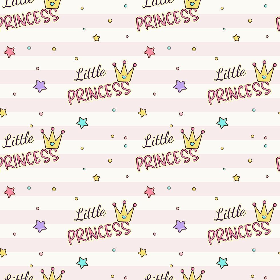Cute baby and little princess design. Cartoon background with text little princess. Seamless pattern with lettering. vector
