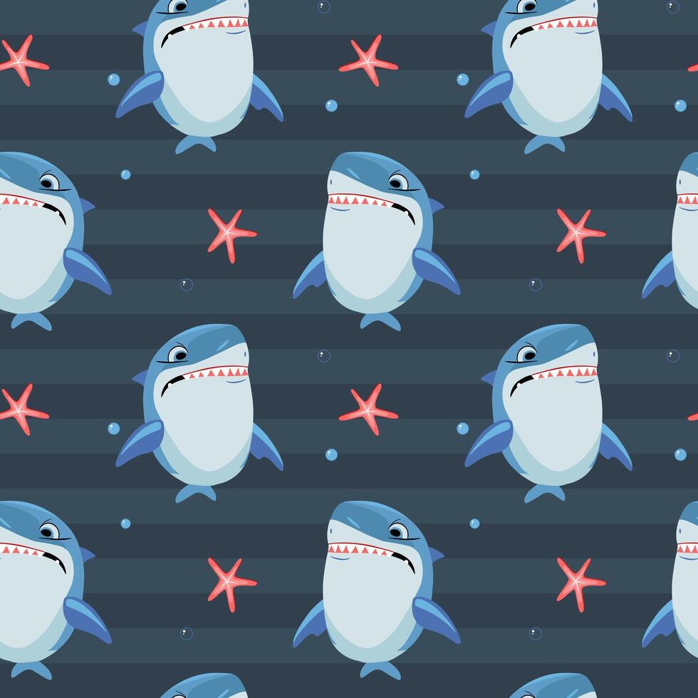 Funny angry shark character. Seamless pattern with cartoon sharks. Shark backgrounds. vector