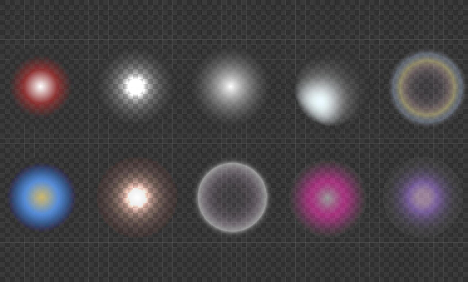 Lens flares. Set of round lighting effects. Flash. Glitter shining stars, glowing spark. Light beam. vector