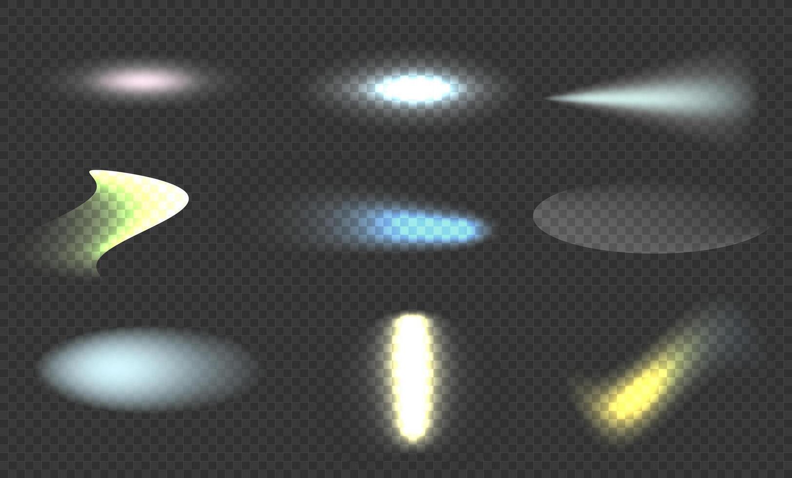 Set of lighting effects of flash. Shining glitter, glowing spark. Light beam. Lens flares, rays vector