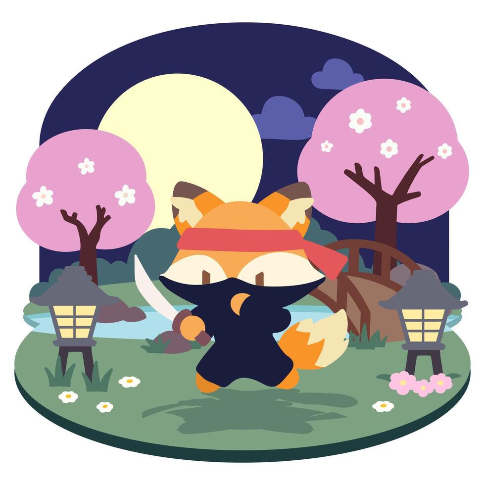 Kawaii Ninja Fox. Cute and Stealthy Nighttime Adventure. Adorable Fox Ninja in Cherry Blossom Garden. Cartoon Ninja Fox with Sword Under the Full Moon. vector