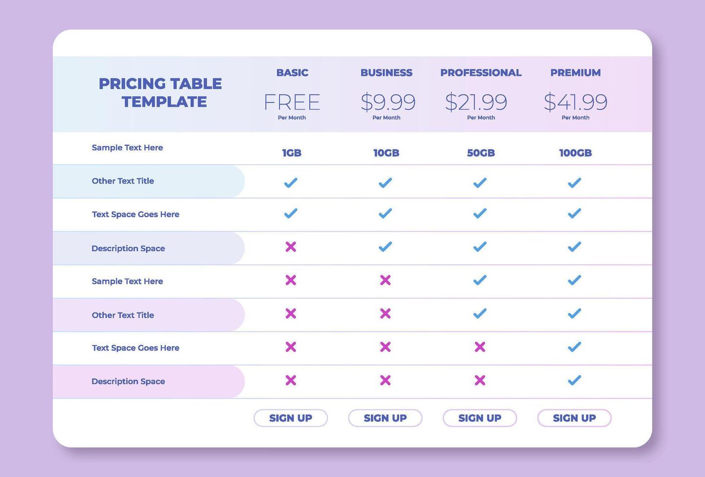 Business price chart template, Web banner checklist template design. Design a price list comparison table. vector