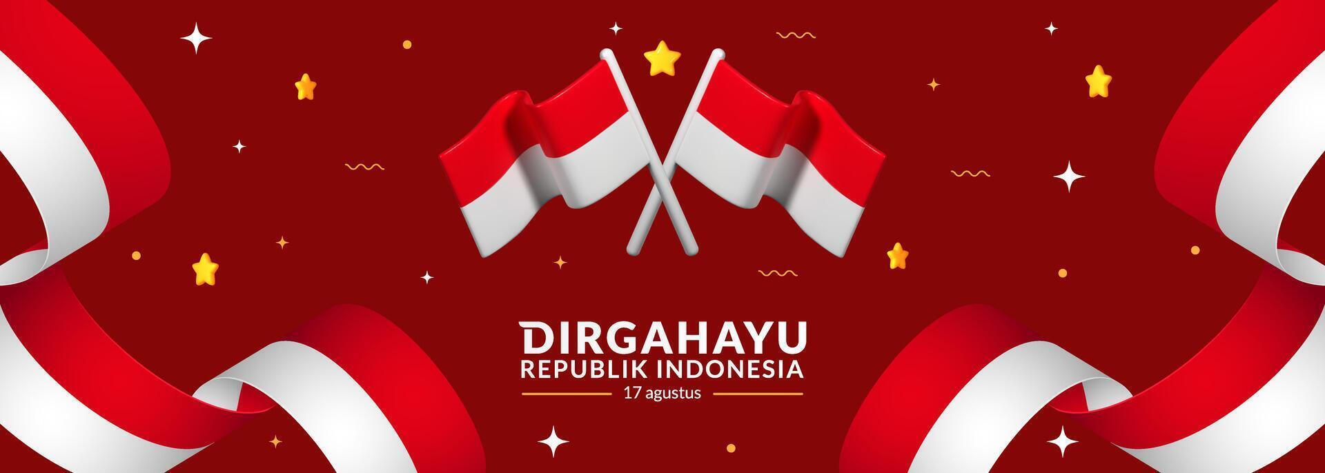 August 17th. Indonesian Independence Day Greeting Card. Waving Indonesian flag isolated on red background. Patriotic symbolic background. vector