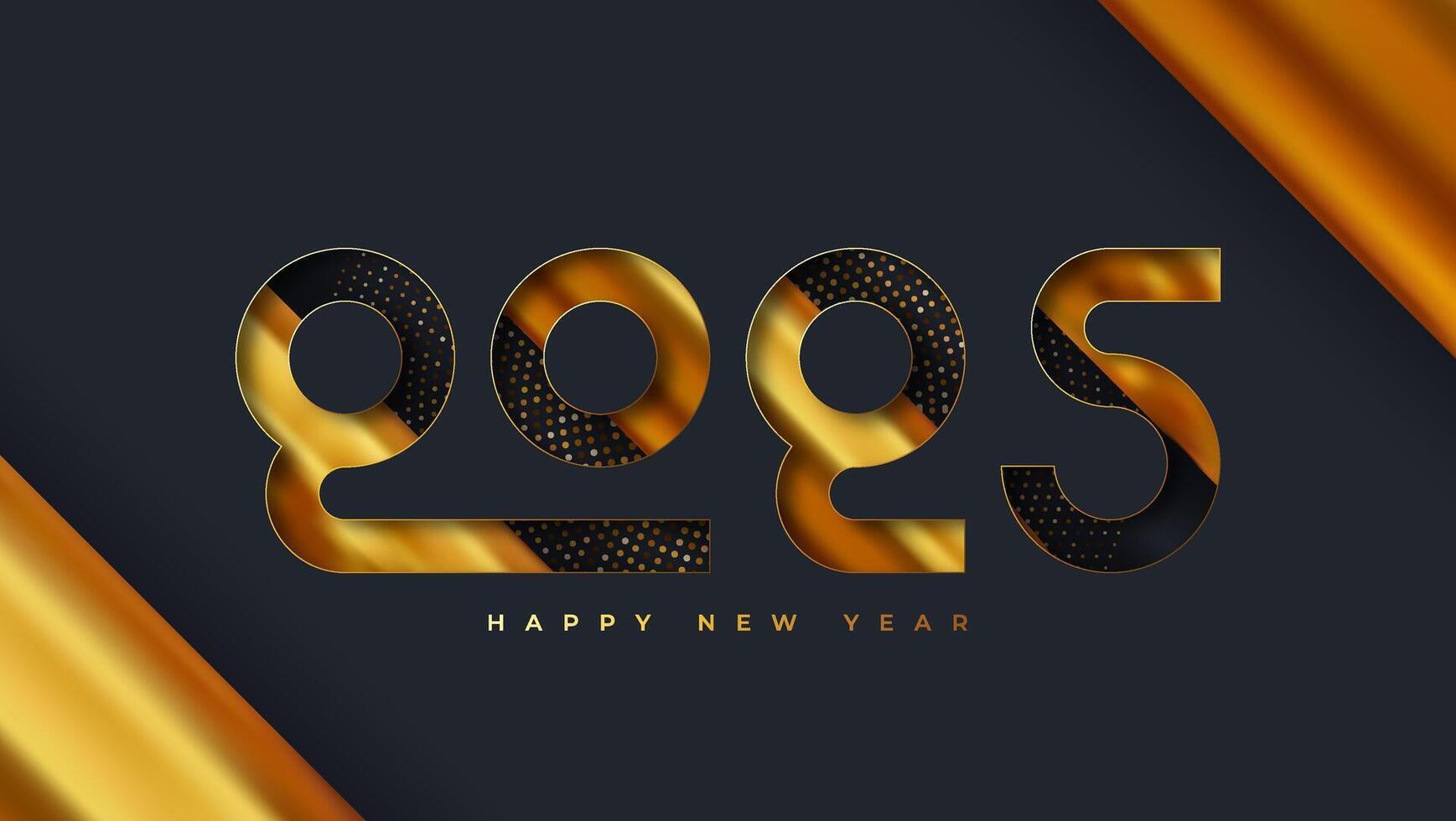 Happy new year 2025 number with pressed numbers. Premium happy new year 2025 with confetti on black background. Holiday greeting card design. vector