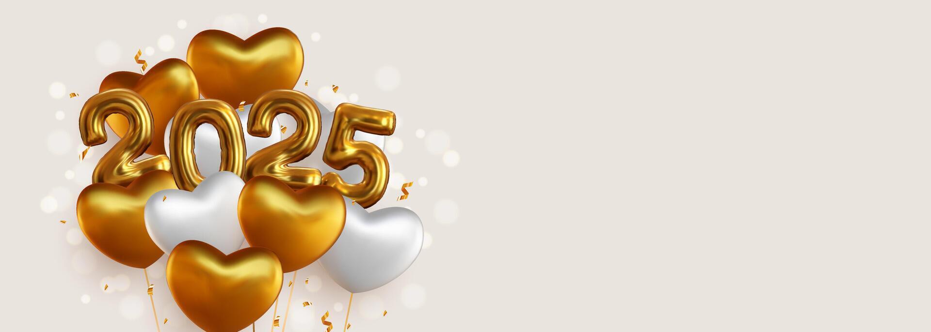 Happy New Year 2025 with realistic gold and white balloons. This backdrop includes the 2025 number symbol in a metallic look and hanging helium balloons, as well as sparkling gold confetti. vector