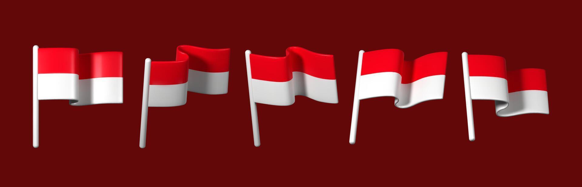 Set of 3D Indonesian flags in various dynamic positions. Perfect for design projects, presentations, and promotional materials. vector