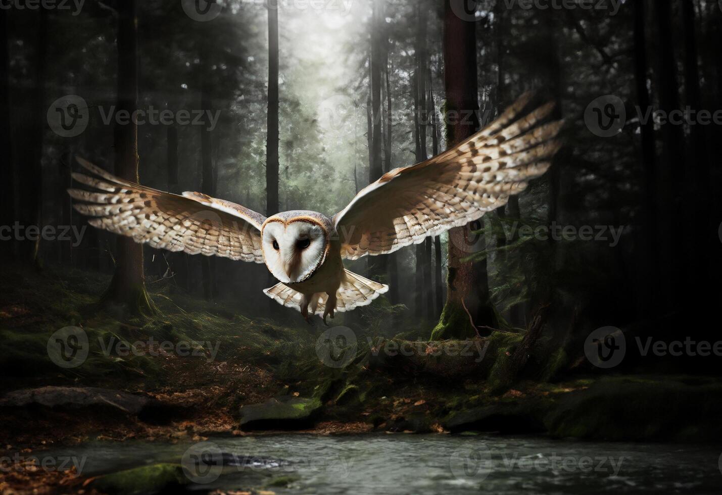 Barn owl flying in a dark forest, owl in flight photo