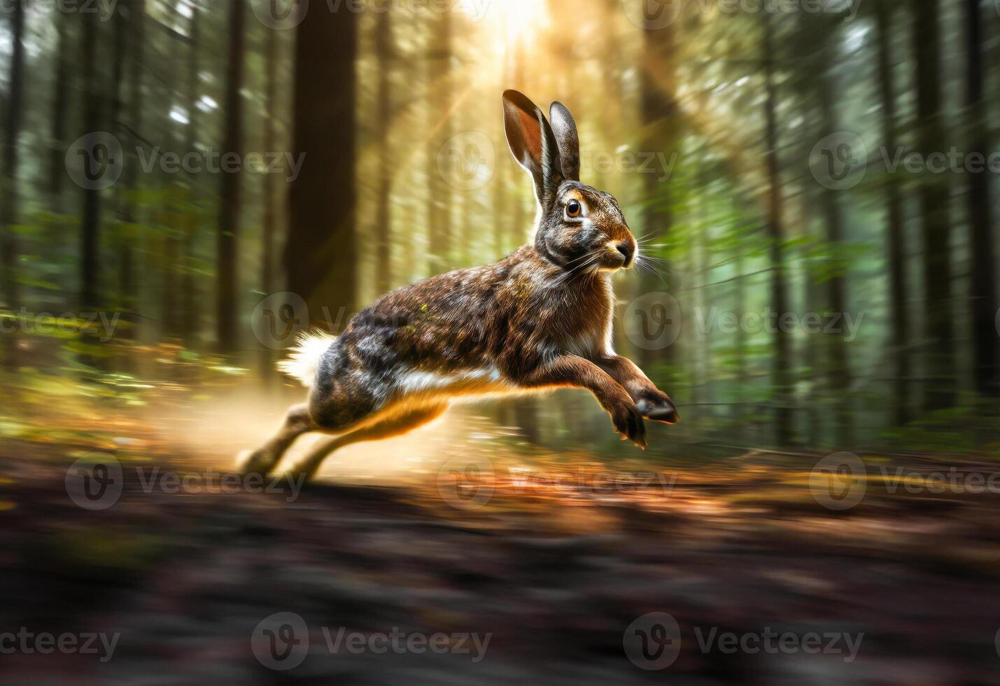Wild hare running in the forest, woodland wild rabbit in motion photo