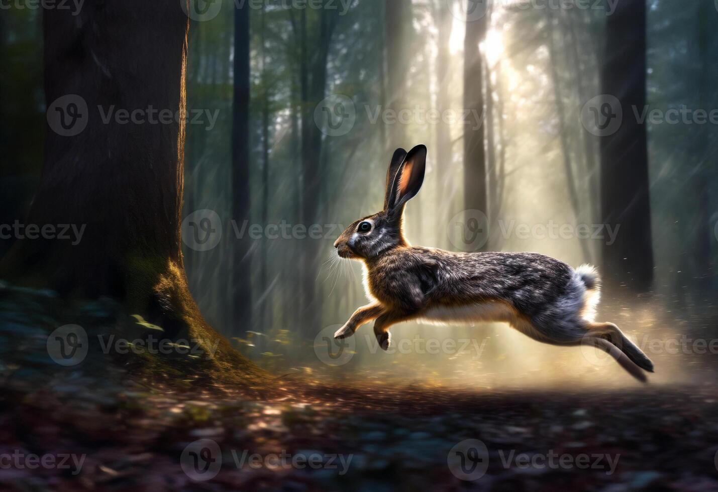 Woodland hare running through a dark forest, hare in motion photo