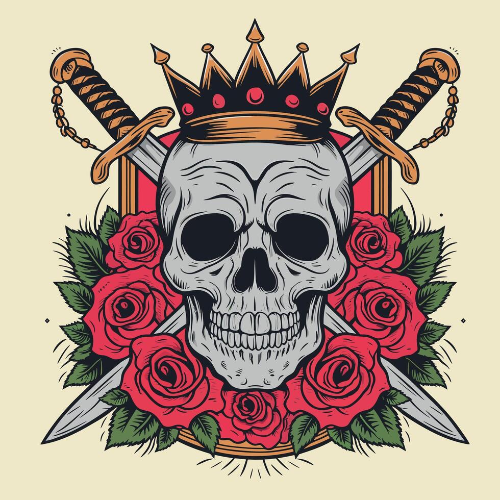 skull illustration with a crown on its head and rose flower and sword around the skull vector