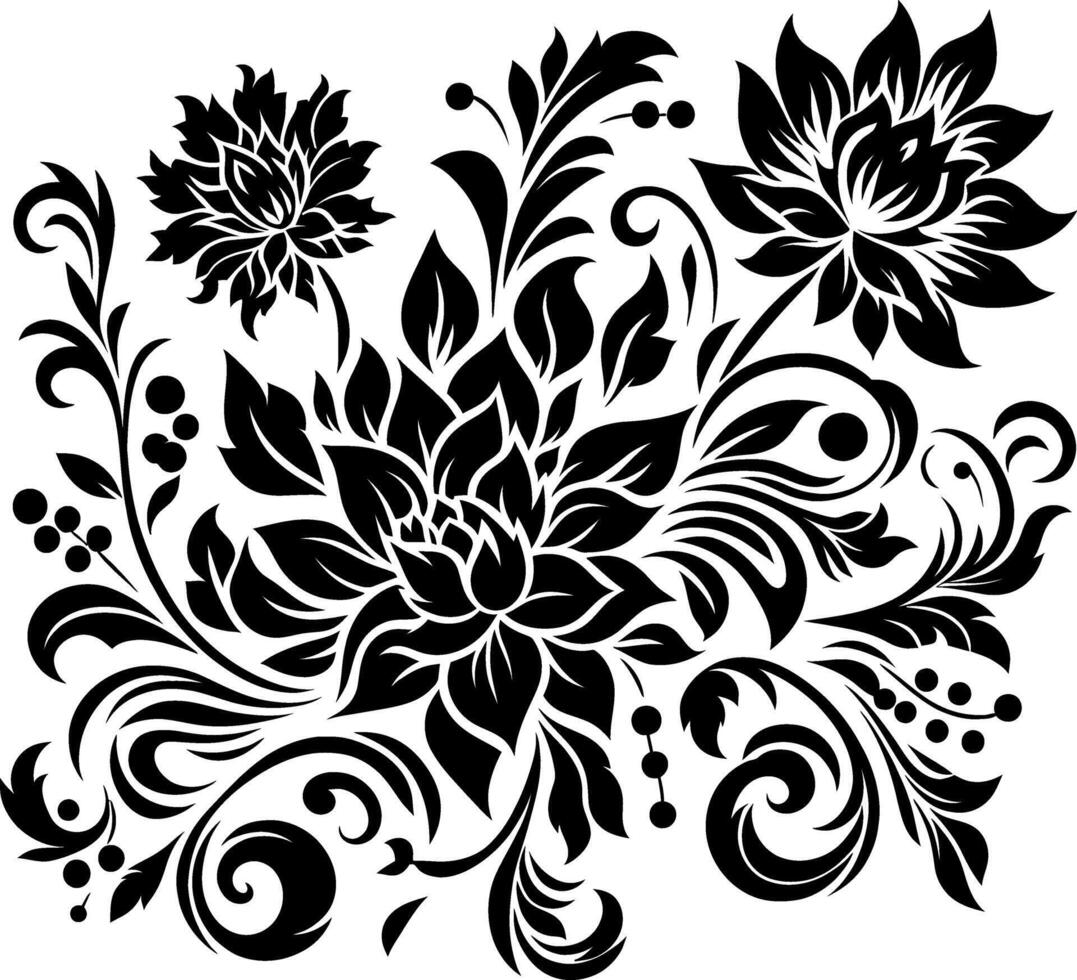 Flower design elements silhouette pattern, black and white decorative Floral design Silhouette Motif Pattern, vector