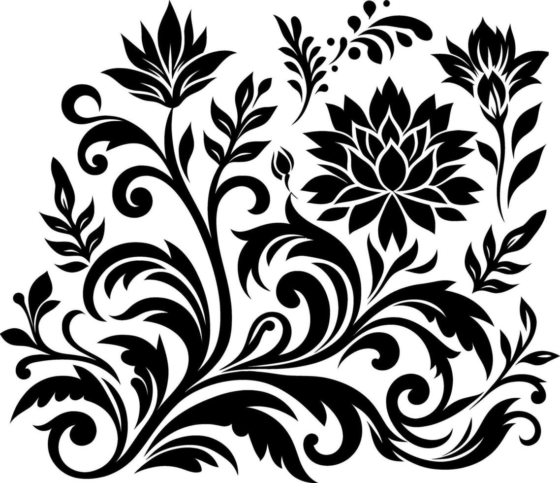 Flower design elements silhouette pattern, black and white decorative Floral design Silhouette Motif Pattern, vector
