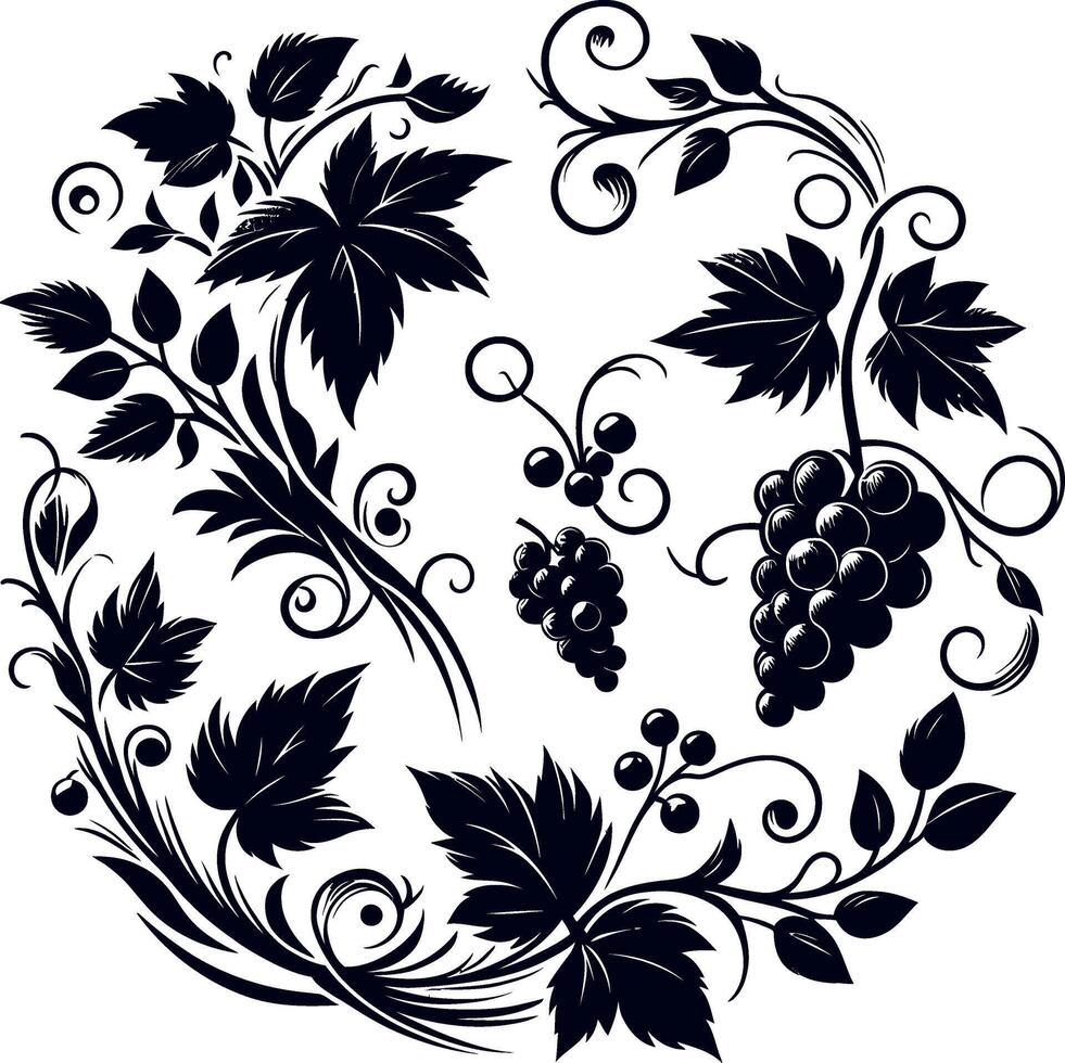 Vines decorative Botanical Flourish Silhouette pattern, decorative Floral design Silhouette Motif Pattern, Flower design elements silhouette pattern black and white vector