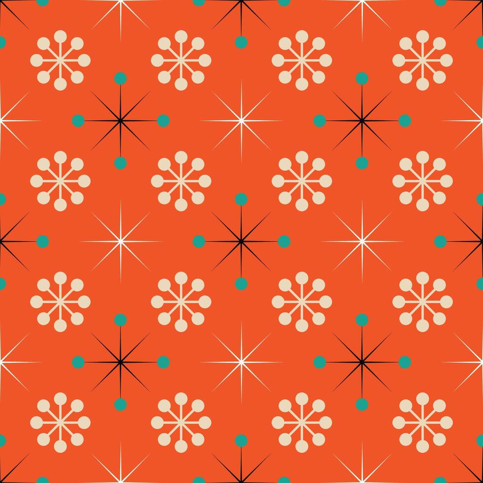 an orange and green pattern with stars and snowflakes vector