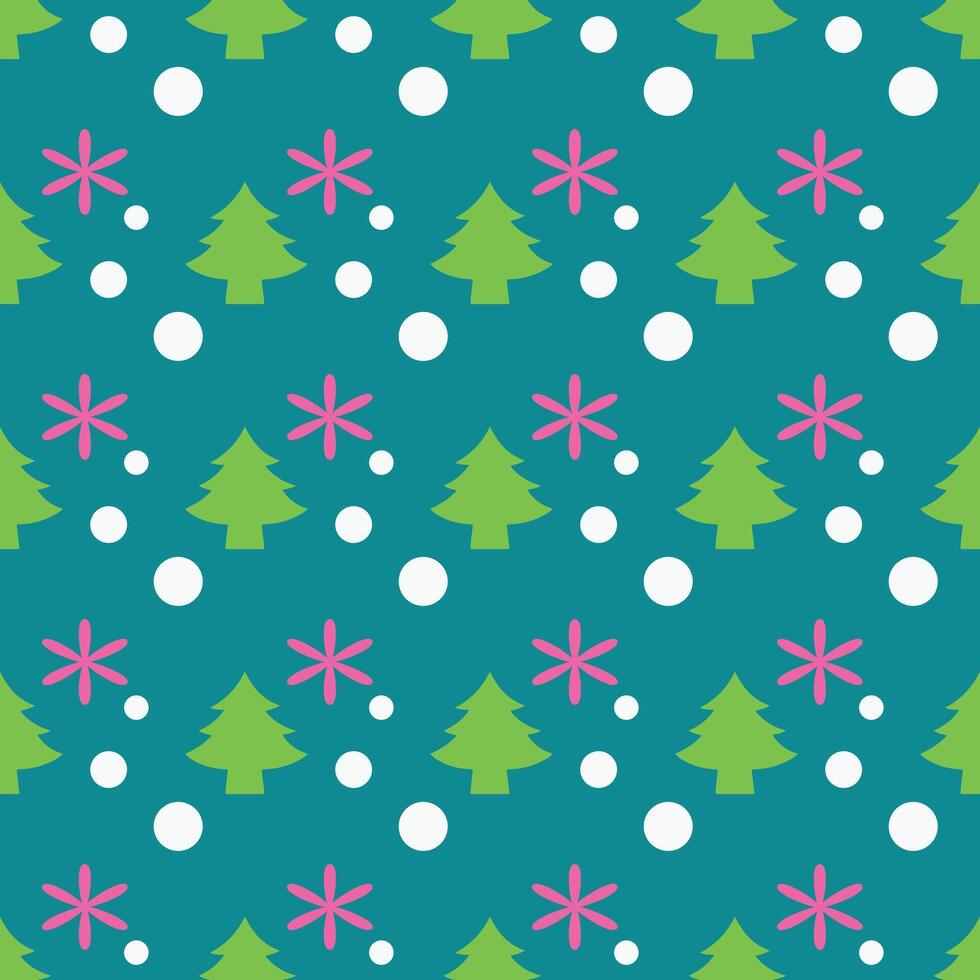 A blue and pink Christmas pattern with snowflakes and trees vector
