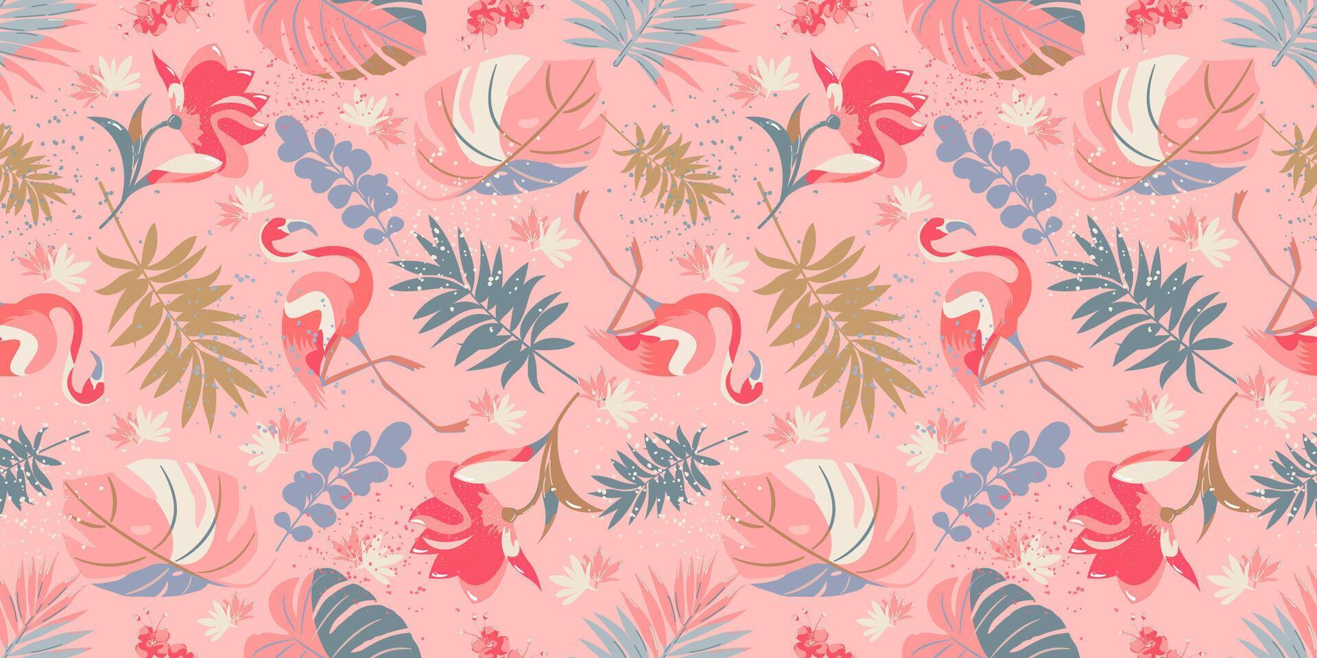 Seamless pattern with tropical plants and flamingos. vector