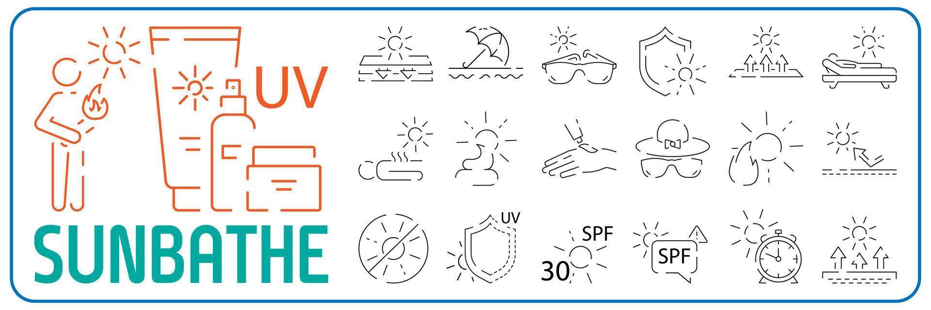 Sun Protection Related line Icon set. Icons as Sunscreen, Sunglasses, UV rays exposure time and more. Summer vacation. vector