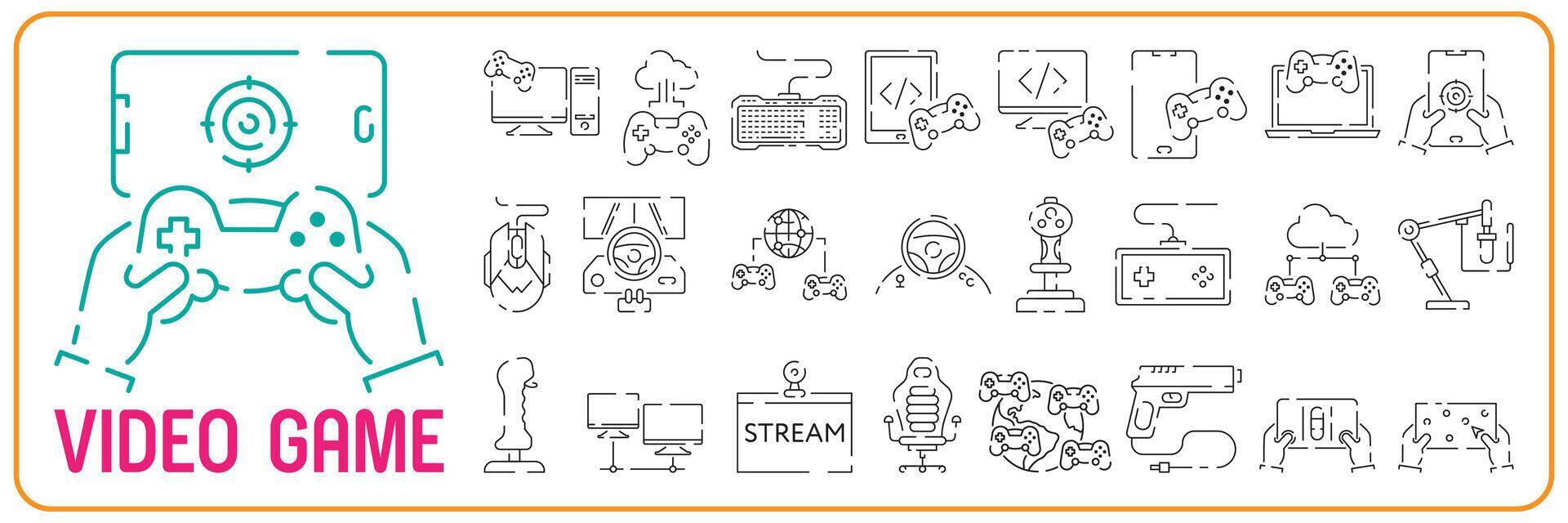 Games line icon set. Game genres and attributes. Controller, joystick and computer. Game console. vector