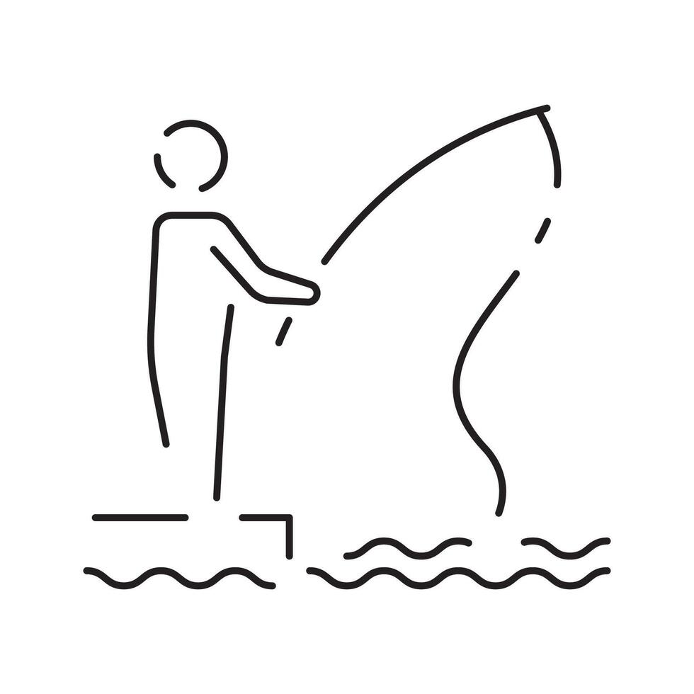 Minimal fishing icon of outdoor recreation including line, lure, lake, boat, dock, hook, pole, reel, worm, tackle box and clothing such as waders and a vest. vector