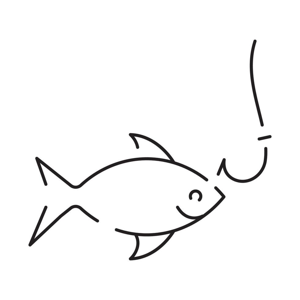 Minimal fishing icon of outdoor recreation including line, lure, lake, boat, dock, hook, pole, reel, worm, tackle box and clothing such as waders and a vest. vector