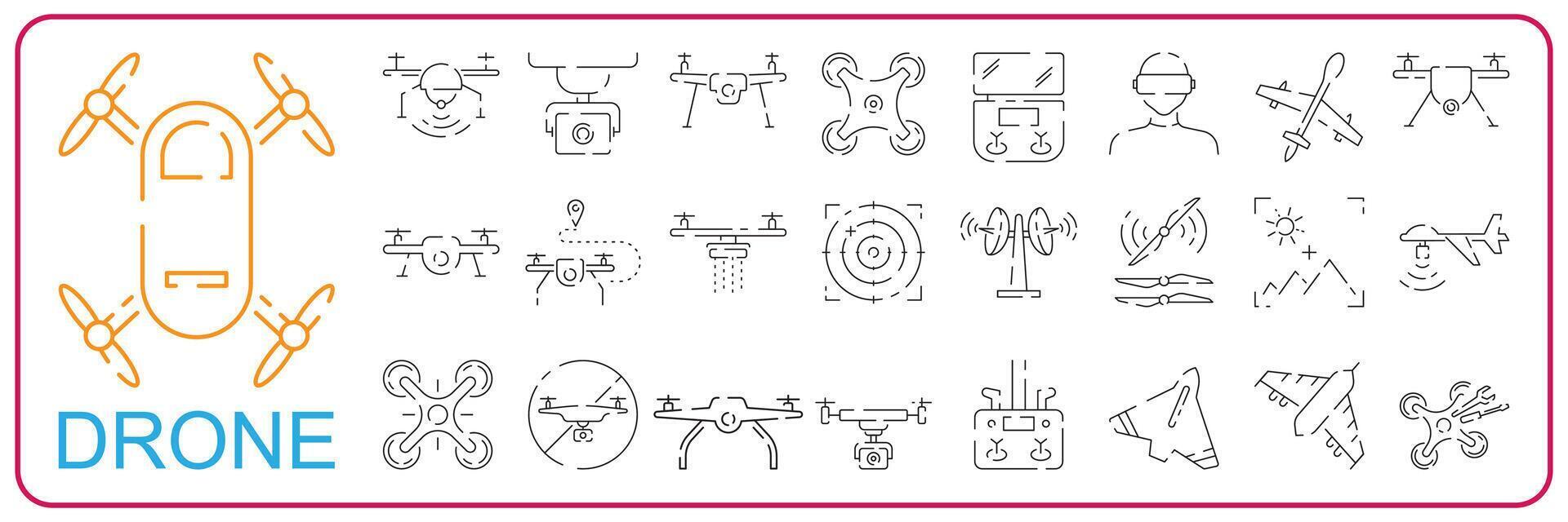 Drone line icon set. Included the icons as drone, remote, controller, radar, map, signal and more. vector