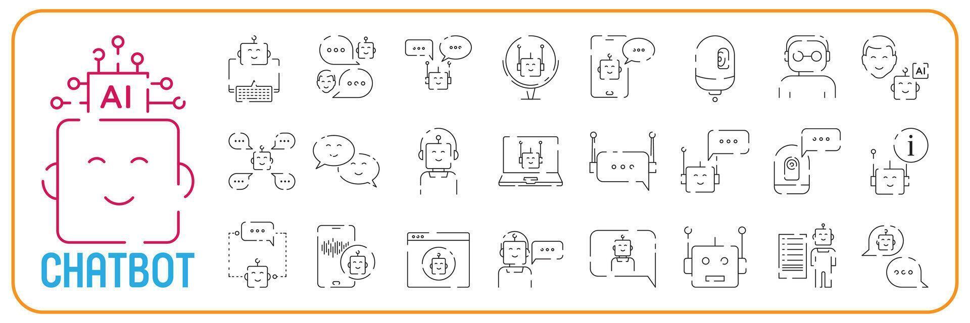 Robot icon. Chatbot line icon set. Cute smiling bot. Outline robot sign. Flat line cartoon illustration. Voice support service bot. Virtual online support. vector