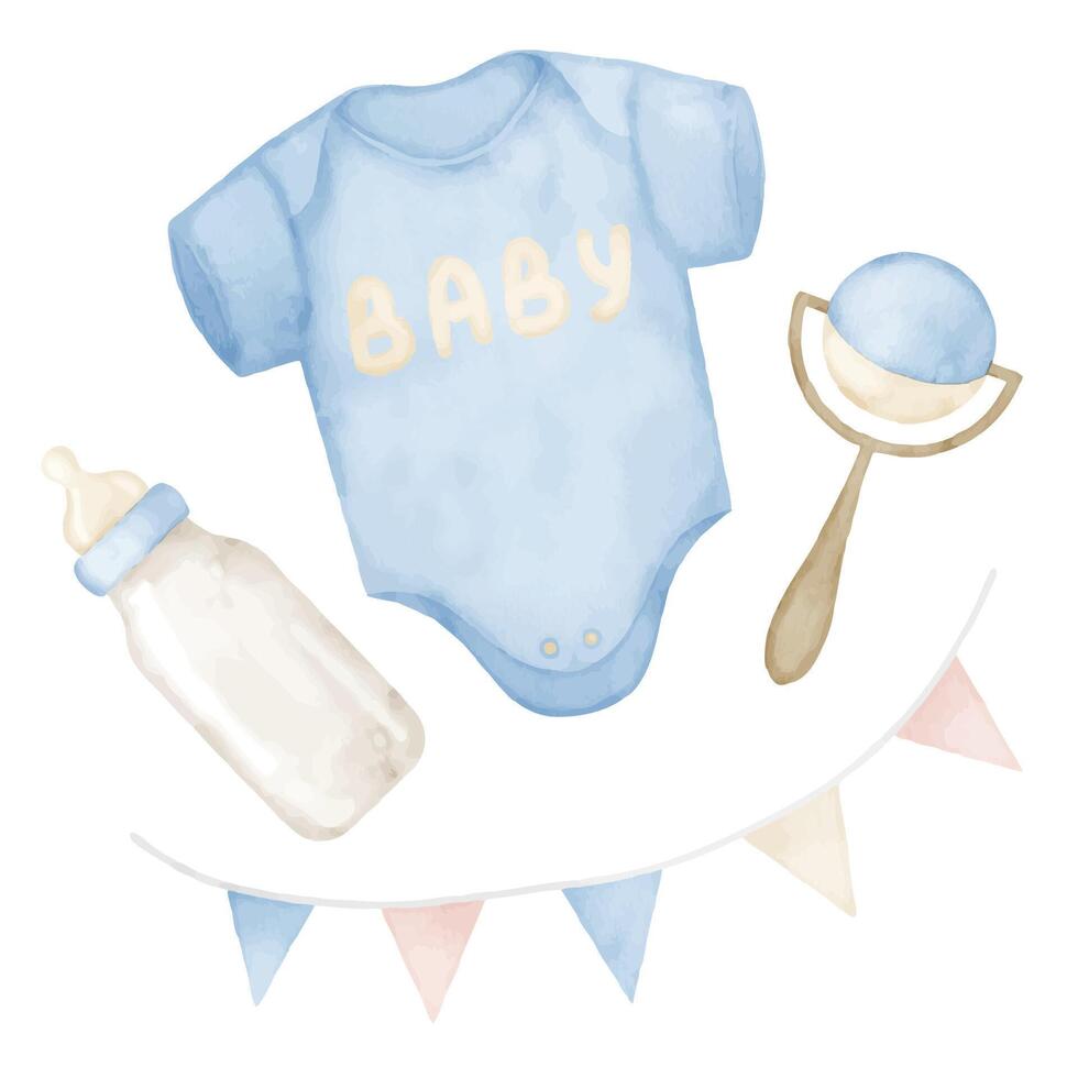 Baby Boy watercolor set. Drawing of kid bodysuit, bottle for milk, rattle toy and garland in pastel blue colors on isolated background. Childish clothes for newborn greeting cards or birthday cards vector