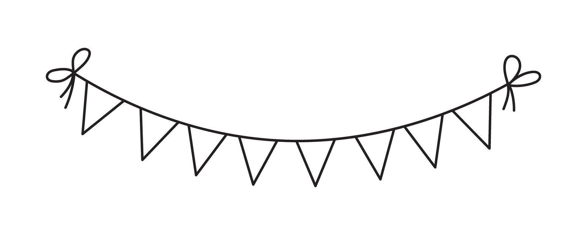 Bunting Flag. linear illustration of triangular garland. Drawing of pennants for Baby shower party greeting cards or party invitation cards. Cute hanging in outline style painted by black inks vector