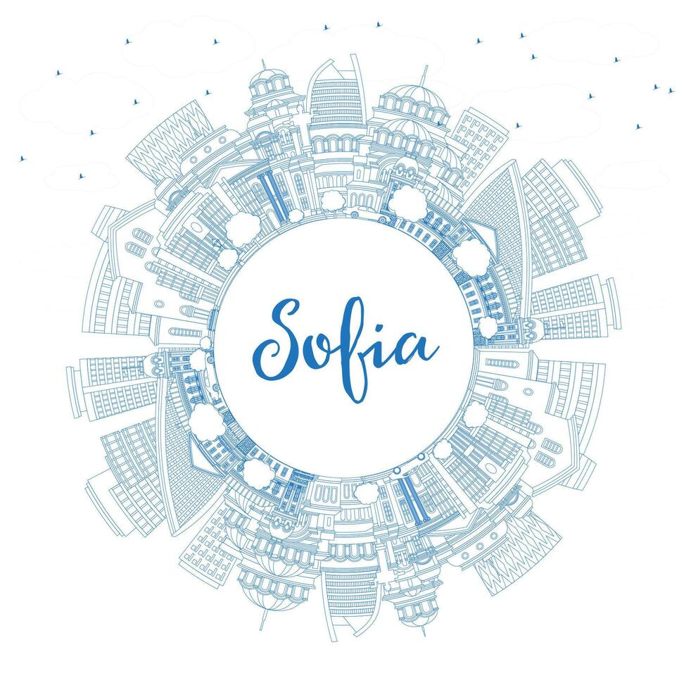 Outline Sofia Bulgaria City Skyline with Blue Buildings and Copy Space. Sofia Cityscape with Landmarks. Business Travel and Tourism Concept with Historic Architecture. vector