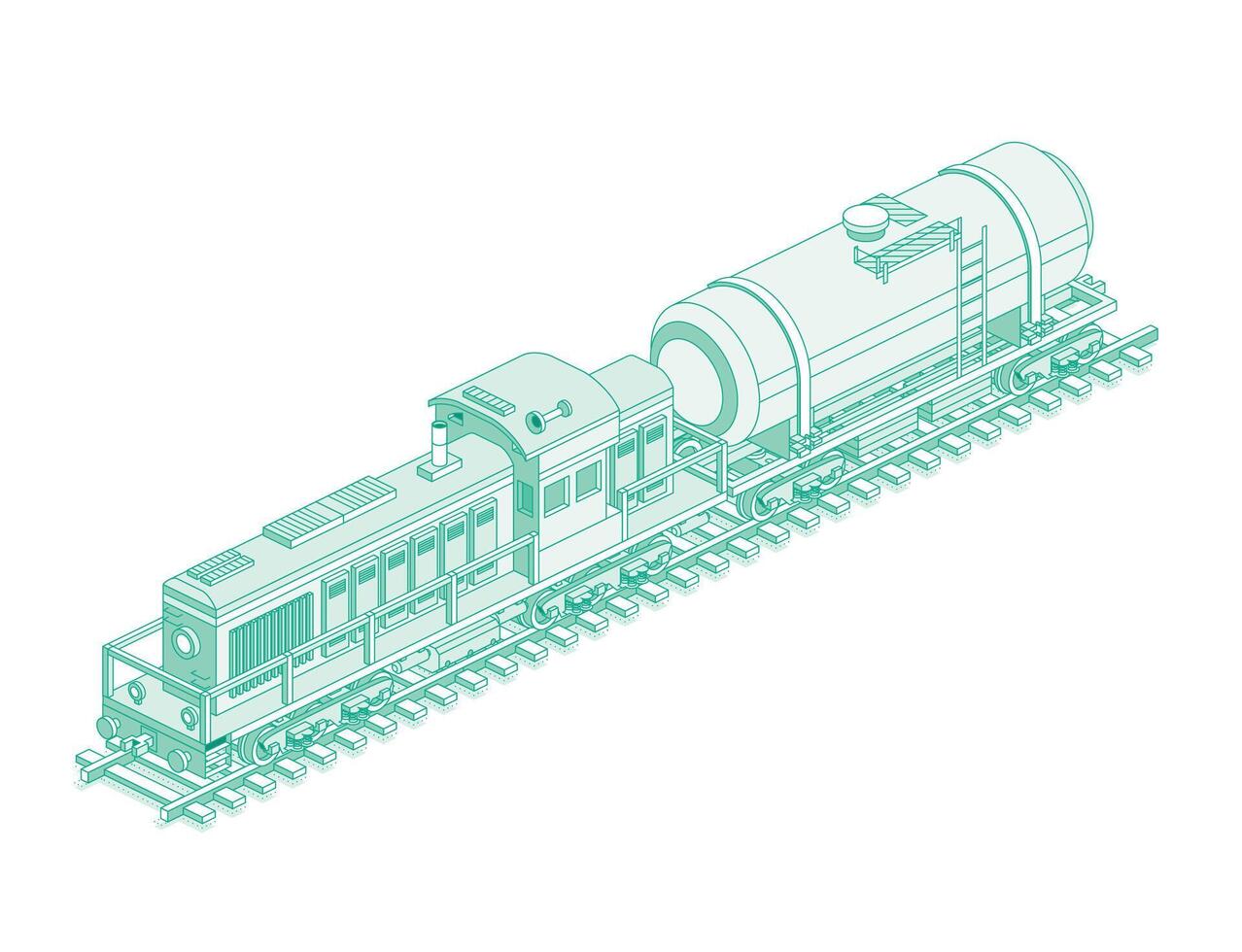 Isometric locomotive with railroad tank car. Railway. Object isolated on white background. Industrial transportation. Diesel freight train engine on rails. Freight railroad car. vector