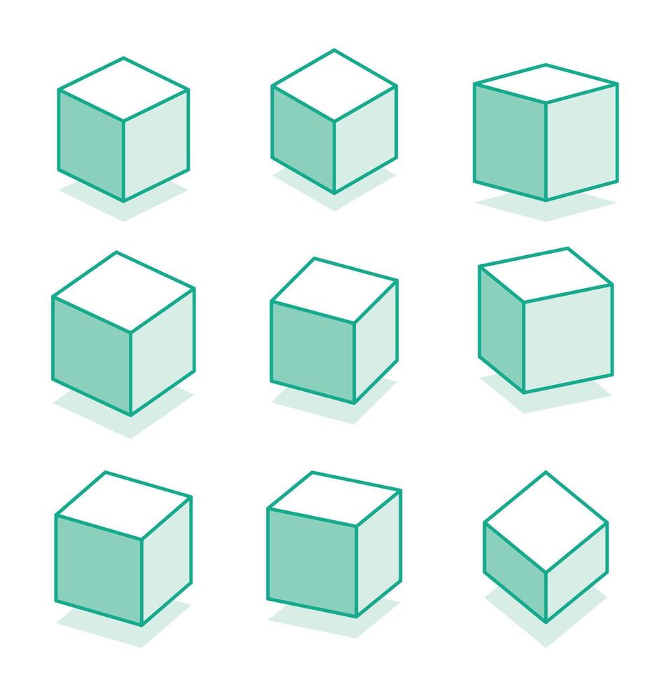 3d cubes in different isometric projections. Outline objects isolated on white background. vector