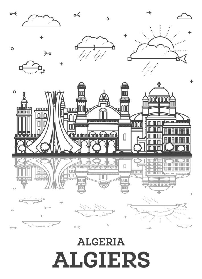 Outline Algiers Algeria city skyline with historic buildings and reflections isolated on white. Algiers cityscape with landmarks. vector