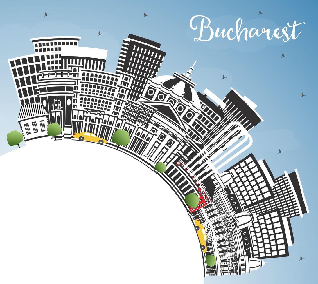 Bucharest Romania City Skyline with Color Buildings, Blue Sky and Copy Space. Bucharest Cityscape with Landmarks. Business Travel and Tourism Concept with Historic Architecture. vector