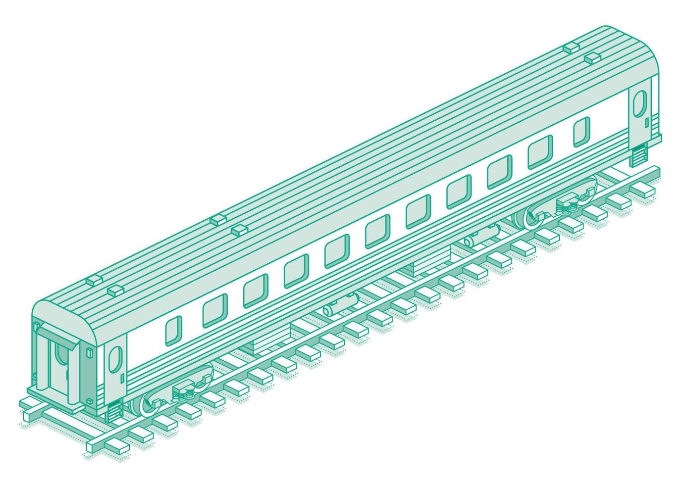 Isometric passenger railroad car. Outline passenger carriage. Object isolated on white background. Railway. Wagon on rails. vector