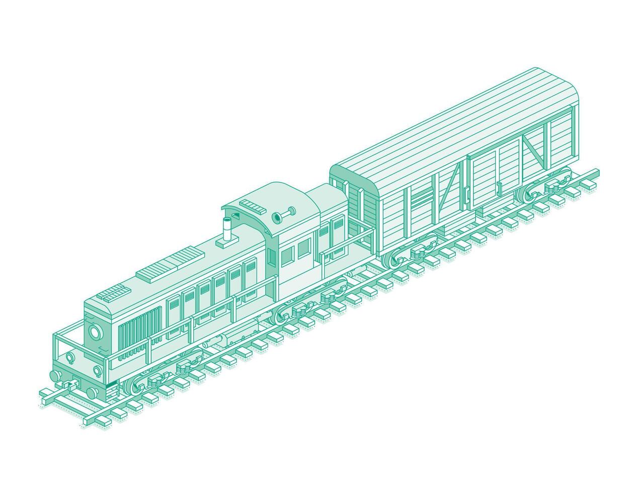 Isometric locomotive with freight railroad car. Railway. Object isolated on white background. Industrial transportation. Diesel freight train on rails. Freight boxcar wagon. vector